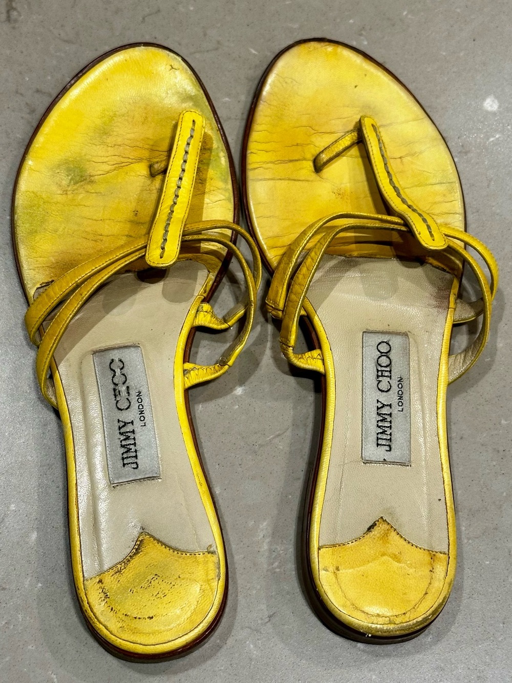 Jimmy Choo London Vivid Yellow Leather Strappy Thong Flat Sandals 7.5 EU 37.5